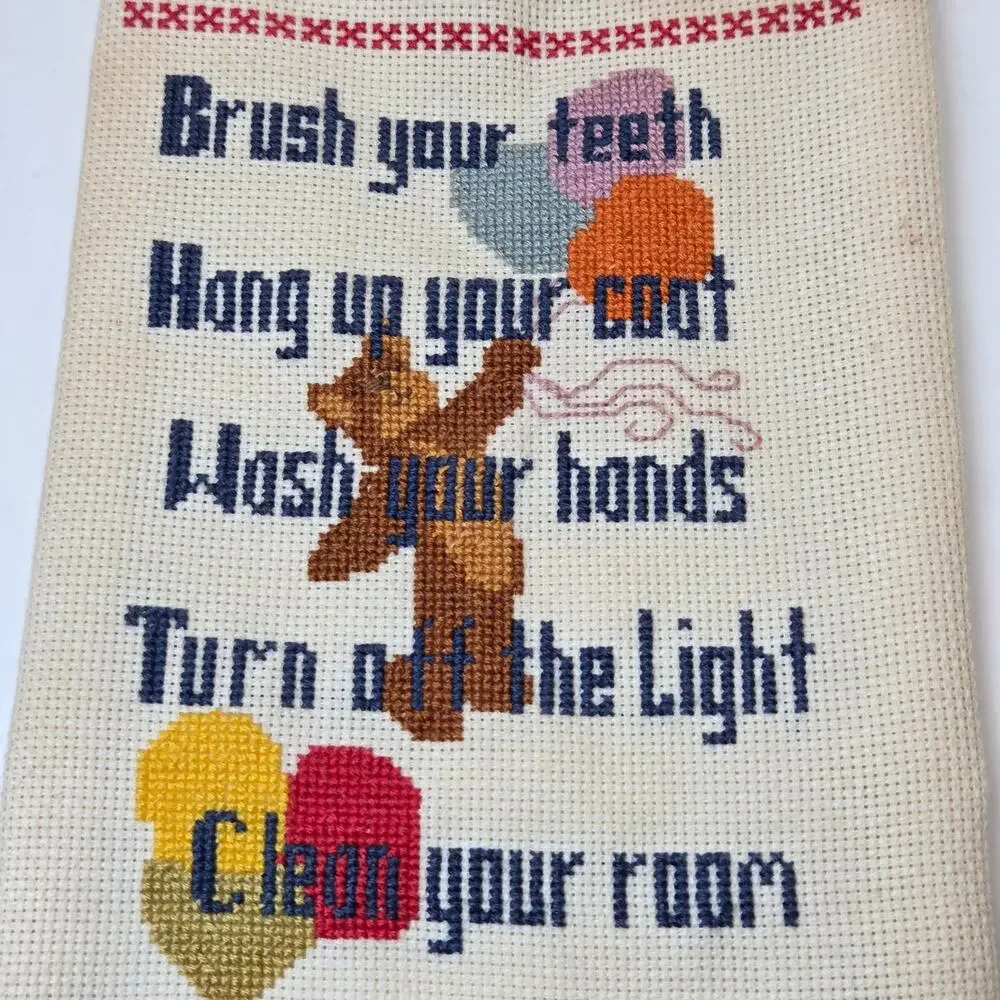 Vintage Teddy Bear Needlepoint Wall Hanging Bell Mom Loves You Nursery Decor